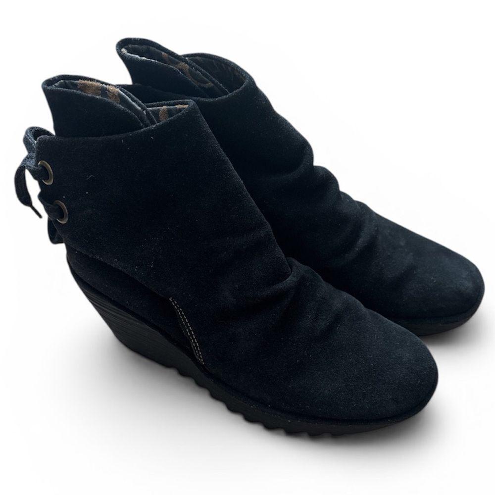 Fly London Yama Black Suede Wedge Heel Boots Back Lace Sz 39